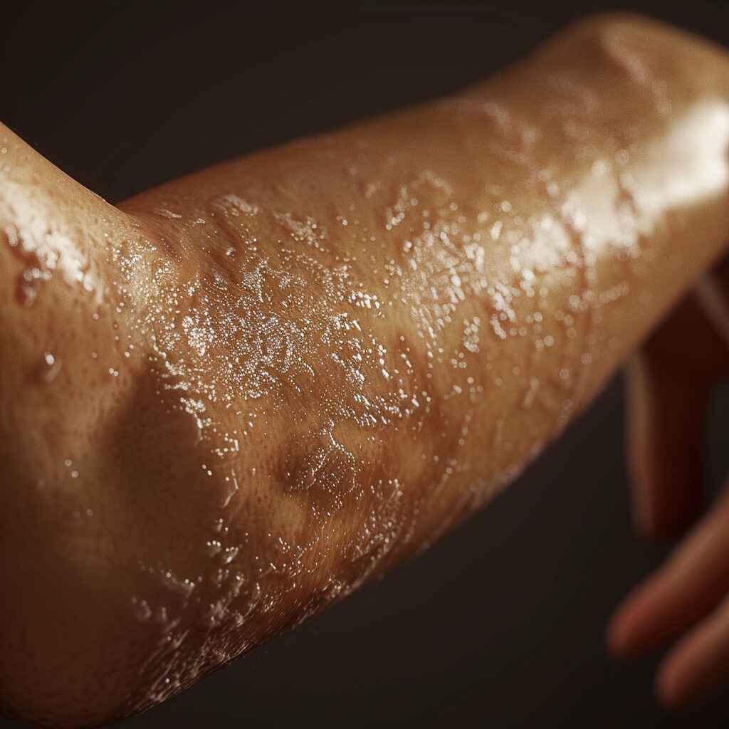 Symptoms of skin rash include itchy skin, red rash, and blistering rash.