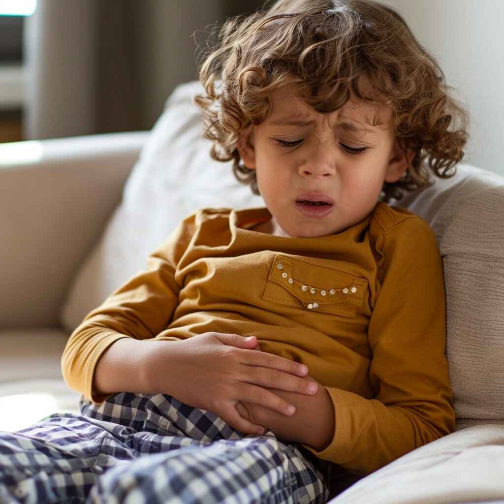 Symptoms of abdominal pain in children: tummy ache, cramps, child constipation, diarrhea, and digestive issues.