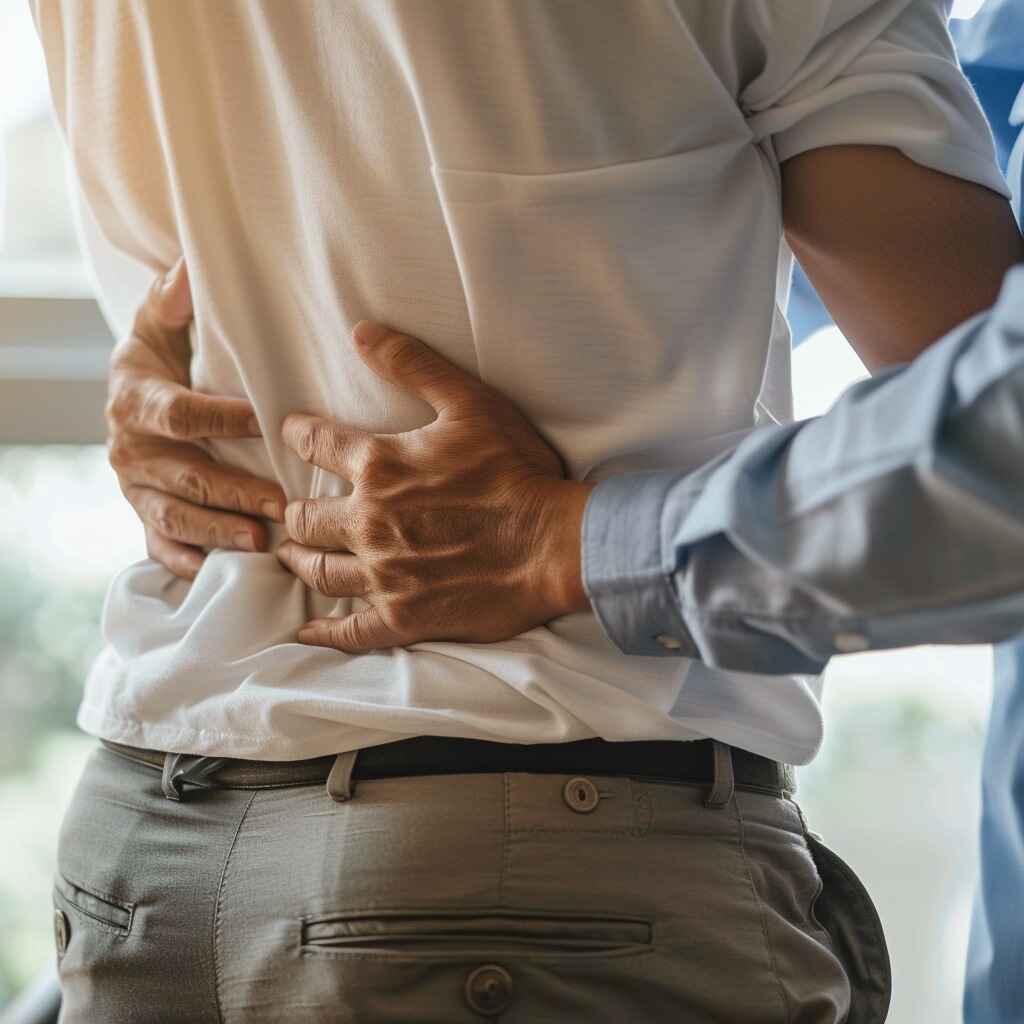 Common symptoms of lower back pain include lumbar pain, stiffness, and sciatica pain, indicating possible muscle strain or a herniated disc.
